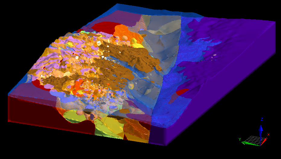 Modelo geológico tridimensional con unidades diferenciadas por color